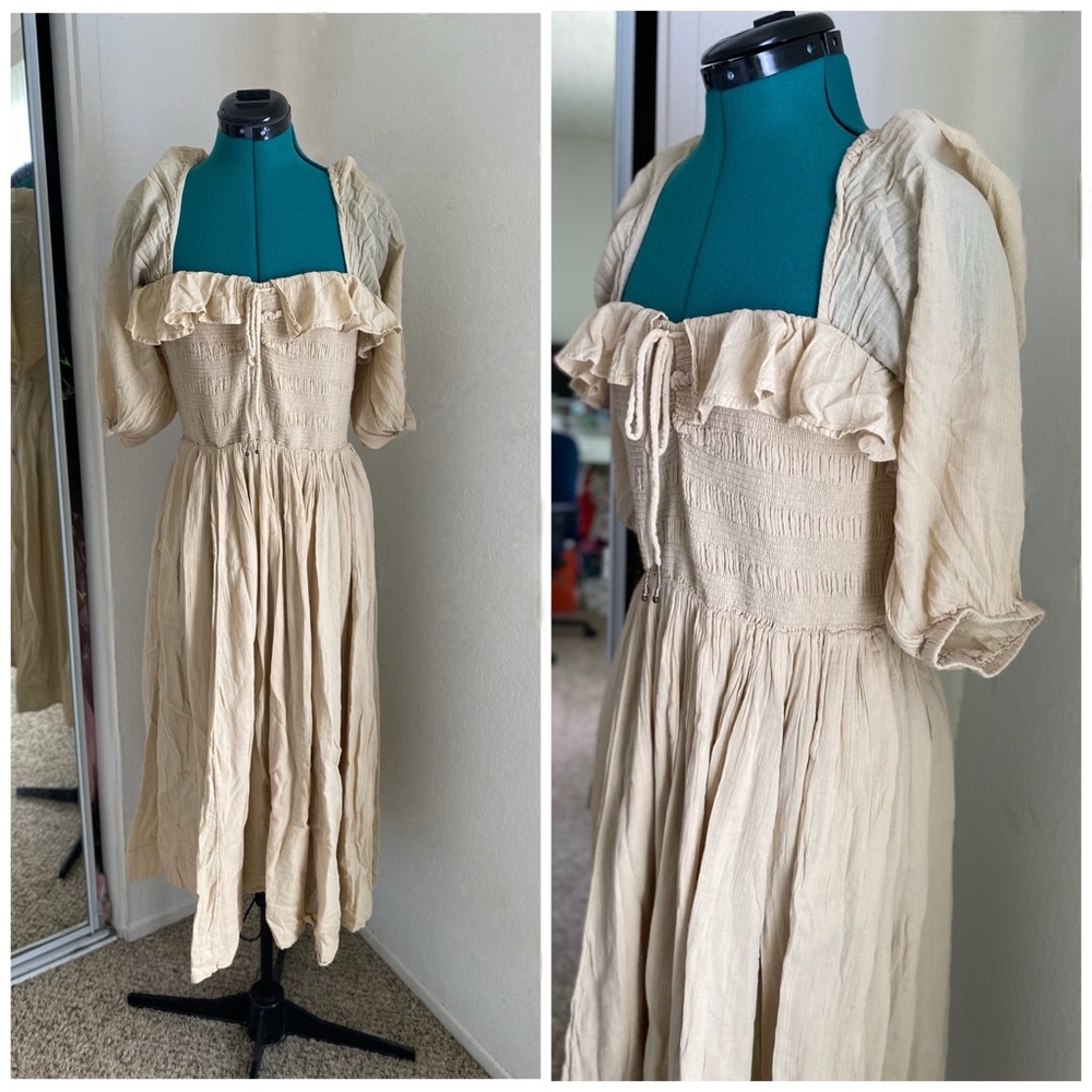 Free People Cream Midi Dress with Ruffle Accent Size M